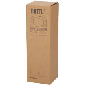 A drink bottle in a brown cardboard packaging with a screw-top lid and a handle, featuring a logo.