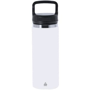 A drink bottle in white with a black lid and handle, featuring a sleek, stainless steel design and a logo.
