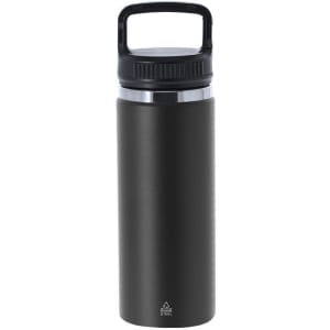A drink bottle in matte black with a screw-top lid and a carry handle, featuring a logo on the base.