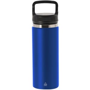 A drink bottle in a vibrant blue colour with a black lid and handle, featuring a branding logo.
