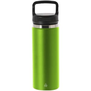 A drink bottle in vibrant green with a stainless steel interior and a black lid, featuring a handle.