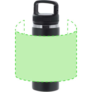 A drink bottle with a black finish and a sturdy handle, featuring a secure lid and branding.