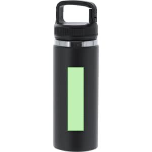 A drink bottle in black with a transparent top and a light green rectangular area. The bottle features a handle and a logo.
