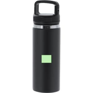 A drink bottle in black with a black cap and a small green logo. It features an insulated design for temperature retention.