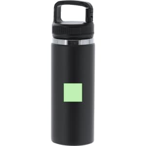 A drink bottle in matte black with a transparent lid and a logo. It features a square mint green area on the front.