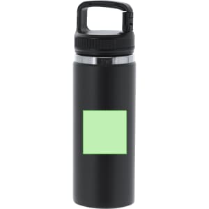 A drink bottle in matte black featuring a transparent lid and a blank green square for custom design.