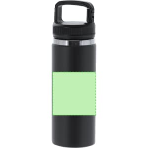 A drink bottle in black with a clear lid and a green label for customization. It features a handle and has a logo.