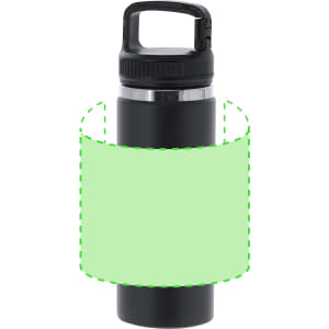 A drink bottle in black with a handle and a silver accent, featuring a logo on its body.