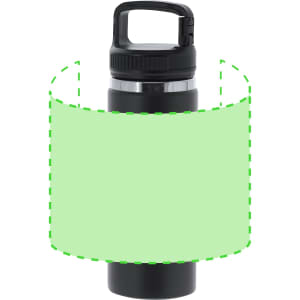 A drink bottle in black with a handle, featuring a metallic section and a logo.
