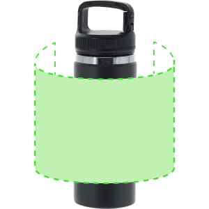 A black insulated bottle with a handle and a silver band, featuring a logo.