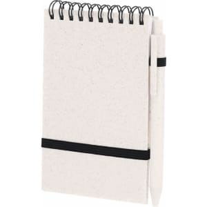 A spiral-bound notebook in a light colour with a black elastic band and a matching pen.