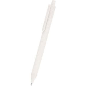 A white biodegradable pen with a clip, featuring a sleek design and a chrome tip.