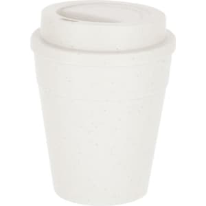 A drink bottle resembling a white coffee cup with a lid, made from a speckled material.