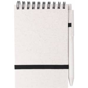 A spiral-bound notebook with a textured white cover and a matching pen secured by a black band.