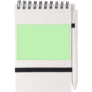 A spiral-bound notepad in light grey with a green placeholder area and a white pen attached.