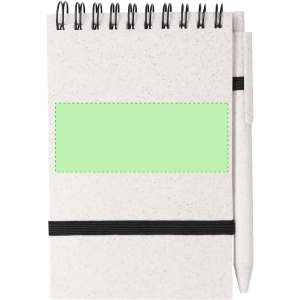 A spiral-bound notebook with a black elastic band and a matching pen, featuring a green rectangular area.