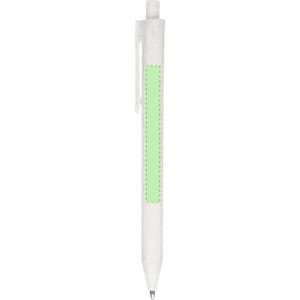 A white pen with a green highlight for branding. It features a standard click mechanism and ballpoint tip.