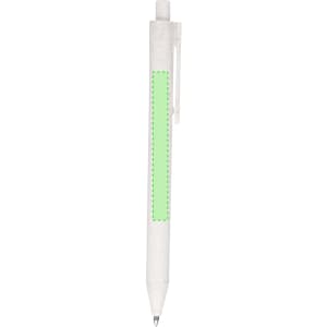 A white pen with a green translucent grip section and a clip for attaching to notebooks or pockets.