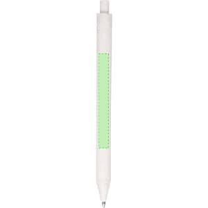 A white pen with a green accent on the body and a silver tip, featuring a logo.