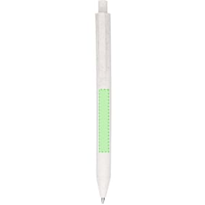 A white pen with a green accent and branding displayed on the barrel.