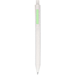 A white pen with a green accent and a branding logo, designed for office use and gift sets.