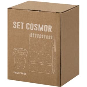 A gift set box containing a drink cup, notebook, and pen, featuring a natural colour scheme with speckled designs.