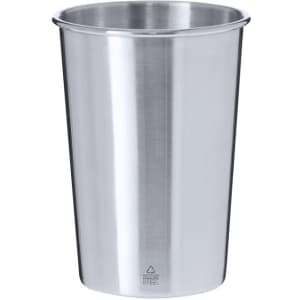 A stainless steel reusable coffee cup with a smooth finish and a sleek design. It features a logo on the surface.
