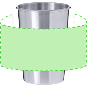 A stainless steel reusable coffee cup featuring a smooth exterior and a circular base. It has a logo on the surface.