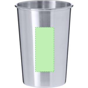 A stainless steel reusable coffee cup with a smooth finish and a blank area for custom branding.