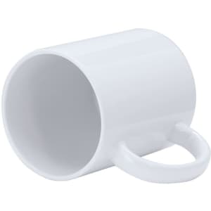 A white sublimation coffee mug with a rounded handle, featuring a plain design and smooth surface.