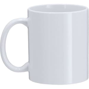 A white coffee mug with a smooth finish and a handle, featuring a branding logo.