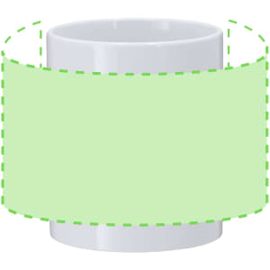 A white coffee mug with a green design area, featuring a logo or branding.