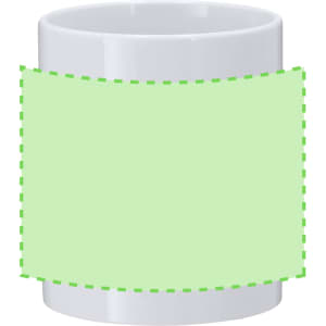 A white coffee mug with a solid green design area. It features a logo on one side.