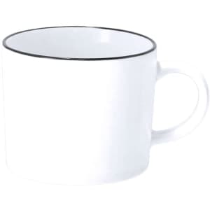 A white coffee mug with a black rim and handle, featuring a smooth finish and a simple design.