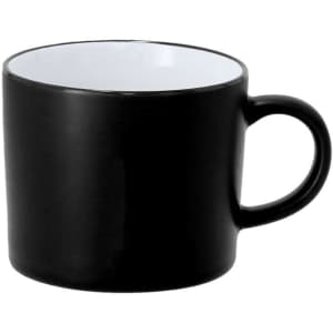 A black coffee mug with a smooth finish and a white interior, featuring a handle and a simple design.