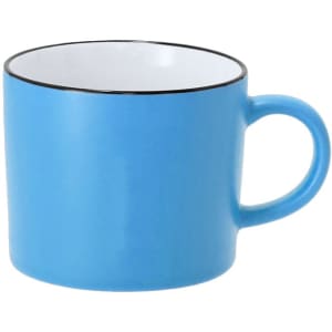 A blue coffee mug with a contrasting white interior and a black rim, featuring a handle and smooth surface.
