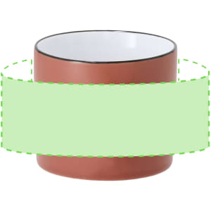A coffee mug featuring a terracotta exterior and a white interior, with a simple black rim and a branding logo.