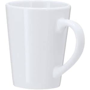A white coffee mug with a simple, modern design and a handle. It features a smooth, glossy finish.