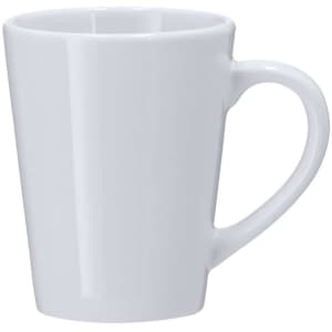 A white ceramic coffee mug with a modern design and a comfortable handle. It has a logo on one side.
