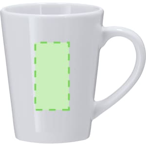 A white coffee mug with a handle, featuring a blank green area for customisation.