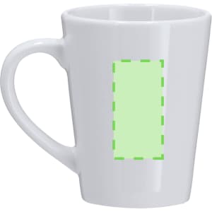 A white coffee mug with a rectangular space for custom designs and a handle. It features a plain, minimalist design.
