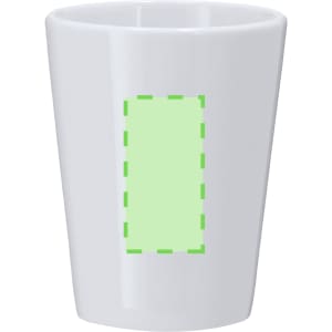 A white ceramic mug with a green dashed rectangle outline, featuring a logo. Ideal for coffee or tea.