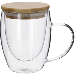 A drink mug with a transparent design and a bamboo lid, featuring a comfortable handle.