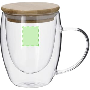 A clear insulated mug with a bamboo lid and a handle, featuring a blank space for branding.