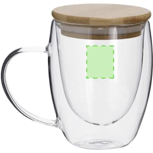 A clear insulated mug with a bamboo lid and a handle, featuring a design area.