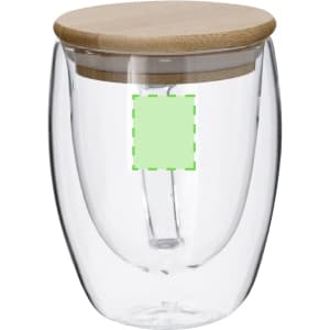 A double-walled glass mug with a bamboo lid, featuring a smooth, clear design. It has a logo on the surface.