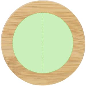 A round, bamboo cutting board with a green centre, featuring a smooth surface and a natural wood finish.