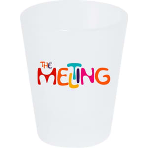 A white shot glass with a colourful logo featuring the word "MELTING" in playful, multicoloured letters.