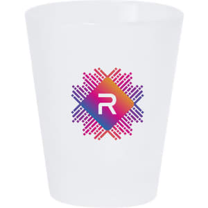 A frosted white shot glass featuring a vibrant, multicoloured logo design.