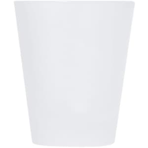 A white sublimation shot glass with a smooth surface and a tapered shape, suitable for custom designs.
